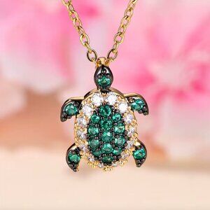 NEW 14k Yellow Gold Diamond Turtle Necklace Emerald Green Turtle Pendant Chain